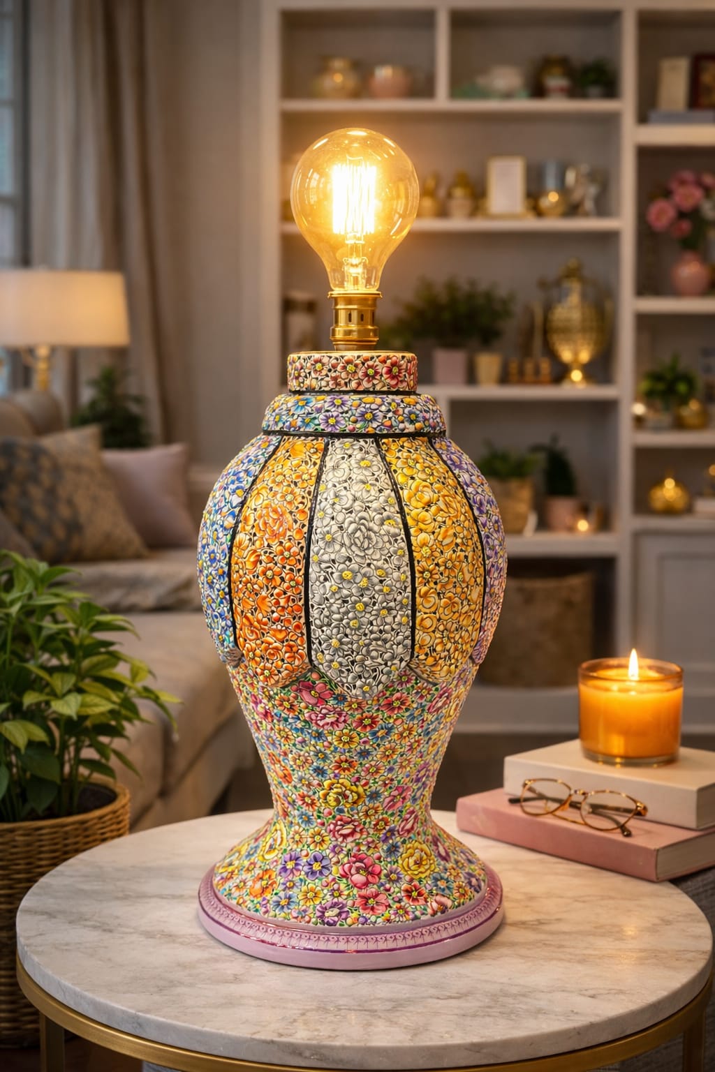 Hand Painted Paper Mache Table Lamp with kashmiri floral art, handmade paper mache table lamp